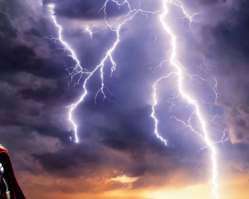 Intense lightning strikes as person in red cape faces storm