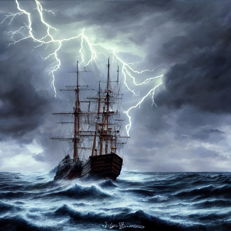 Stormy seas with lightning strikes: A ship navigating turbulent waters.