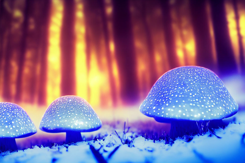 Three glowing mushrooms in snowy forest setting