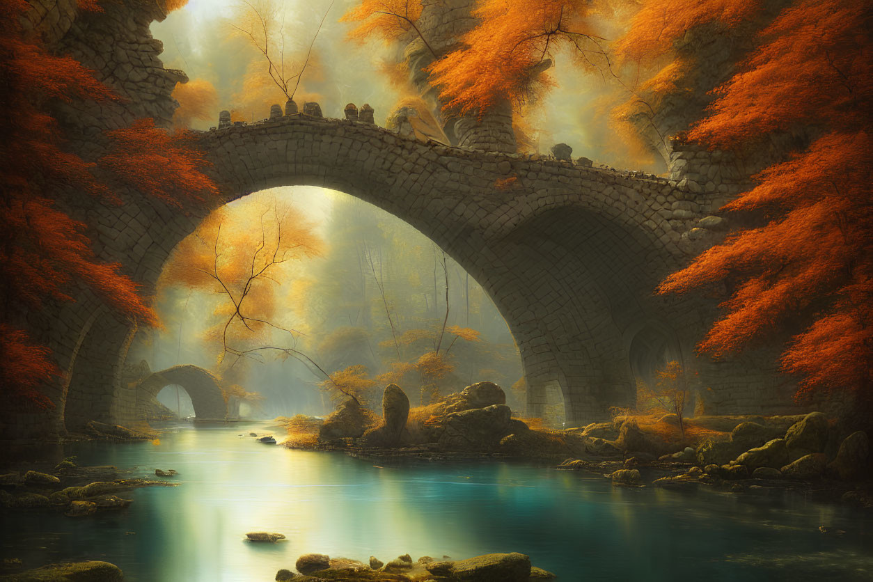 Stone arch bridge over serene river in mystical autumn forest