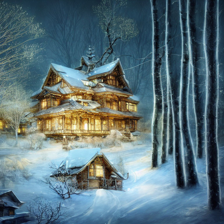 Snowy Twilight Scene: Cozy Log Cabin in Illuminated Winter Landscape