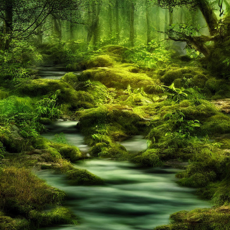 Tranquil forest stream with moss-covered rocks and sunlight filtering through foliage