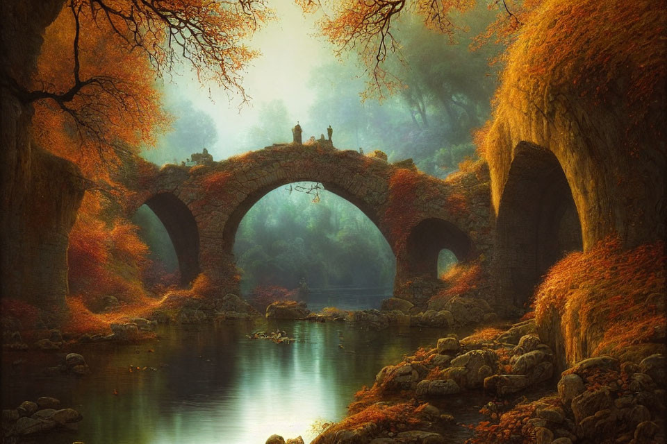 Serene river scene: old stone bridge, autumn trees, golden light