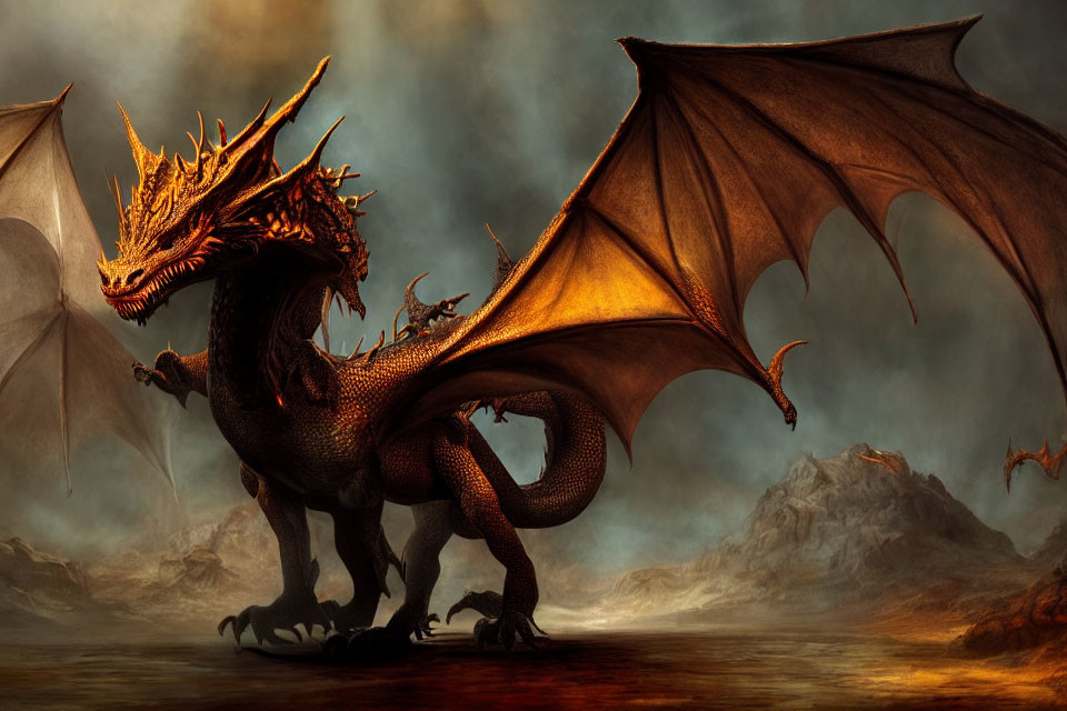 Majestic dragon with fiery scales in misty landscape