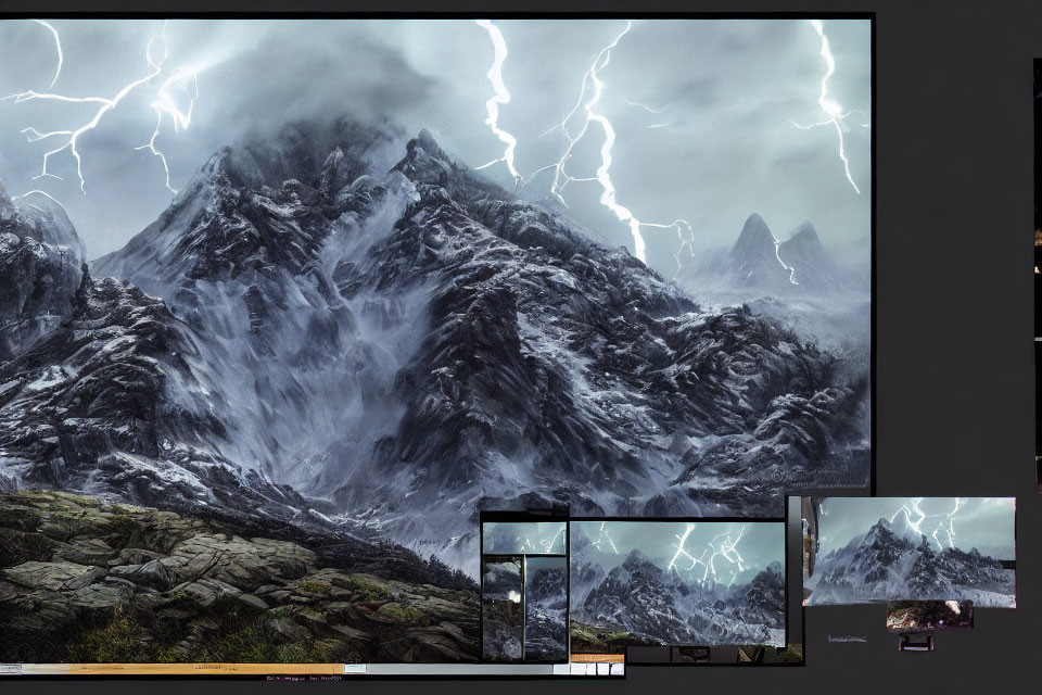 Digital art montage of rugged mountain landscape in fierce thunderstorm