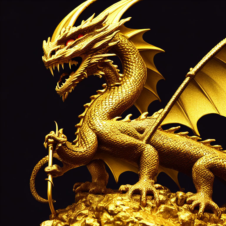 Golden dragon with staff on black background - Detailed scales and majestic pose