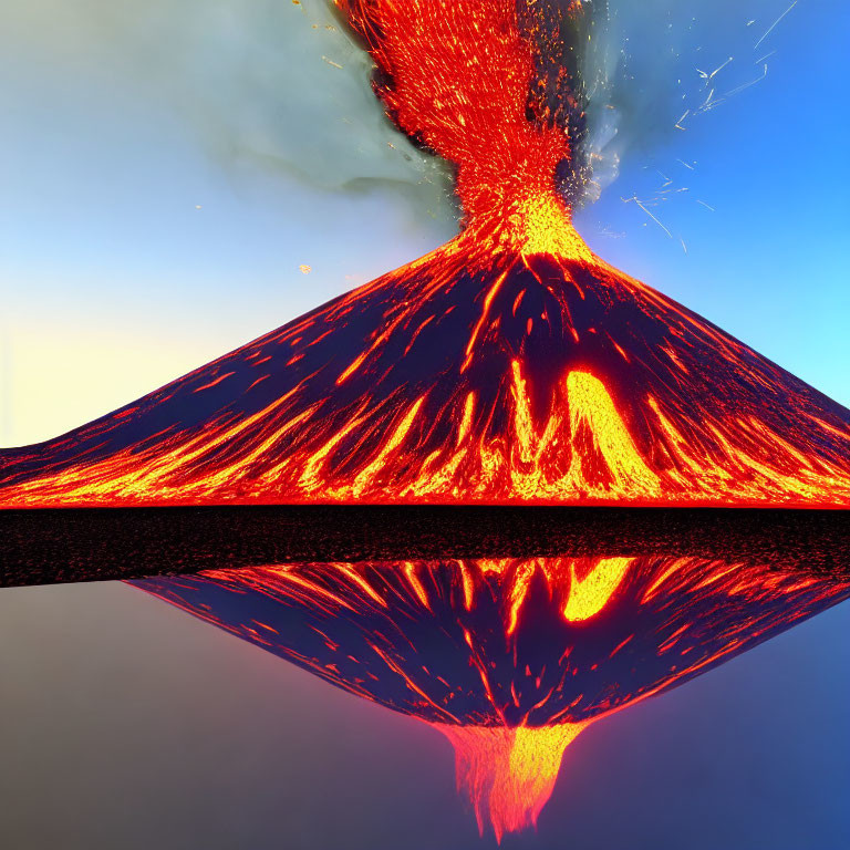 Volcano eruption with flowing lava and debris reflected on water under blue sky