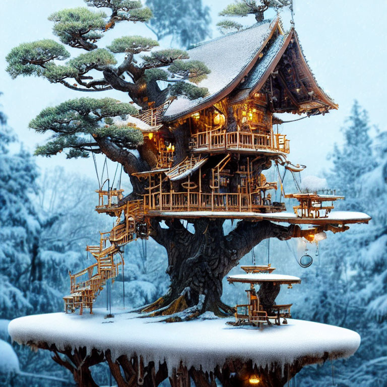 Snow-covered pine treehouse with lit windows in tranquil snowfall