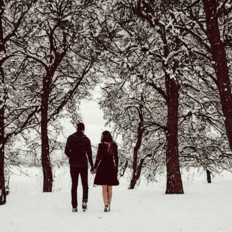 Couple Walking Hand in Snowy Winter Forest