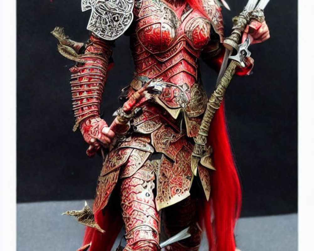 Detailed Red and Silver Fantasy Armor with Sword on Black Background