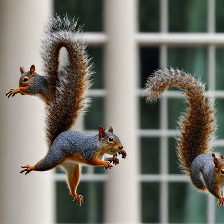 Three squirrels leaping against building with white window panes