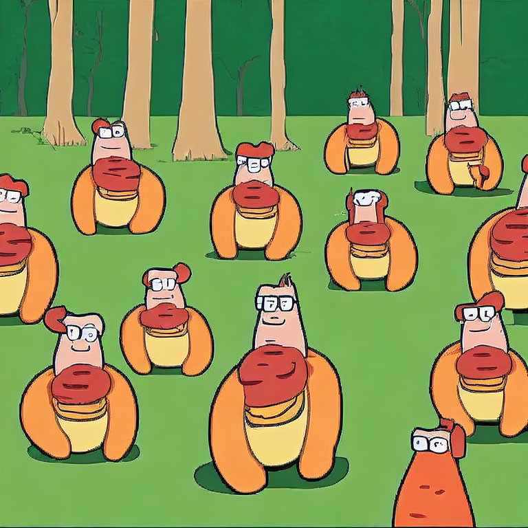 Anthropomorphized hot dogs with glasses and ties in forest setting