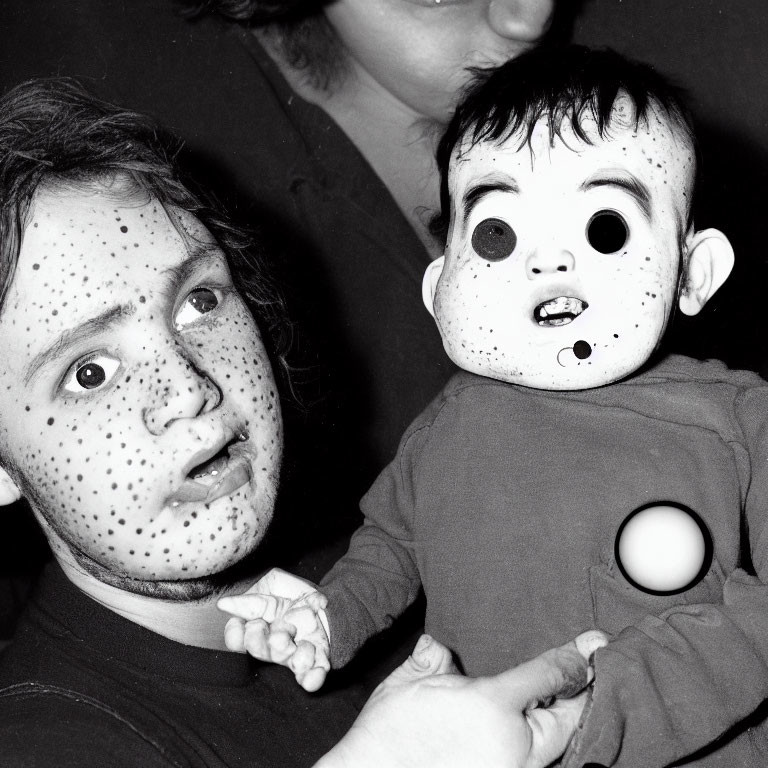 Two people in polka-dot face paint, one with bulging eye mask.