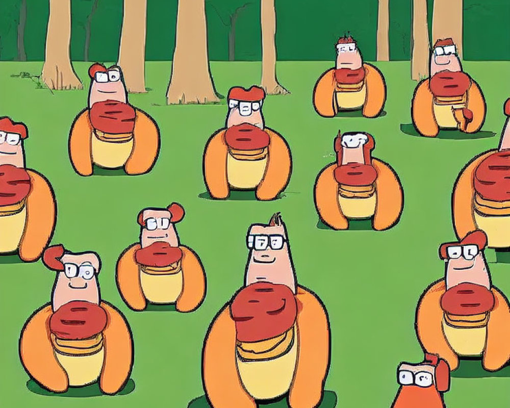 Anthropomorphized hot dogs with glasses and ties in forest setting