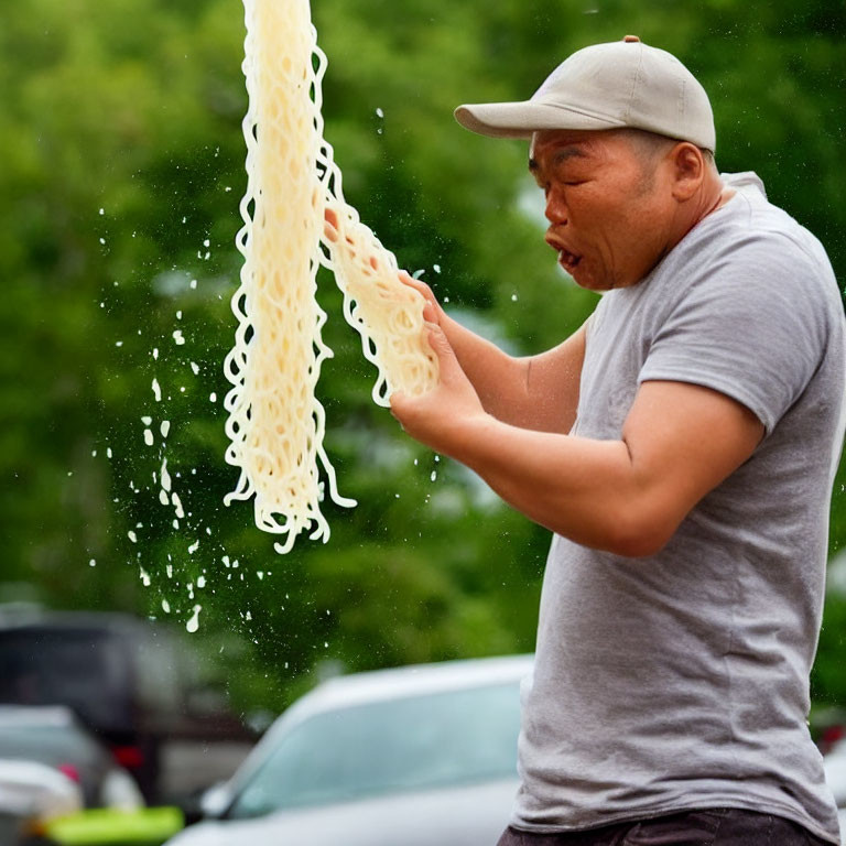 Man in Gray T-Shirt and Cap Spitting Long Noodles Outdoors