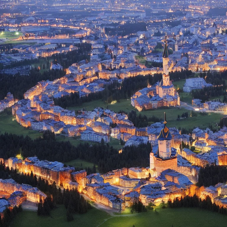 Cityscape at Dusk: Aerial View with Church Spire and Illuminated Buildings