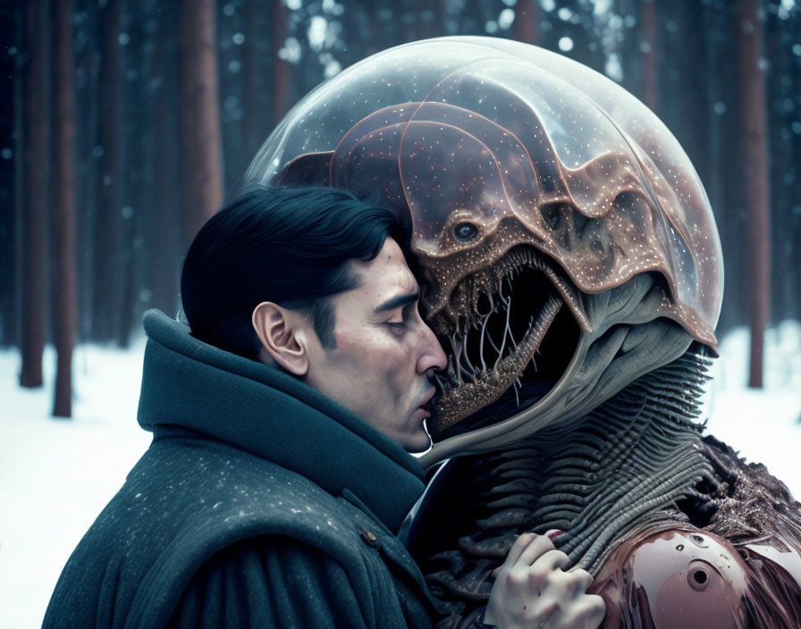 Man in coat confronts alien creature with transparent helmet in snowy forest