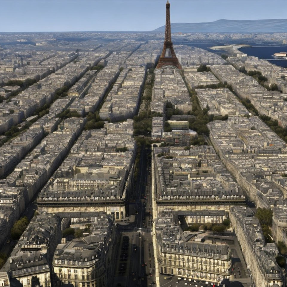 Aerial View of Paris with Eiffel Tower and Tree-Lined Streets