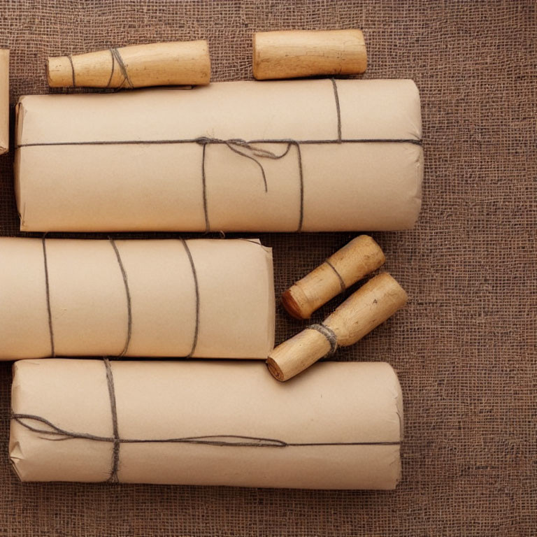 Rolled-Up Scrolls and Corks on Textured Brown Background