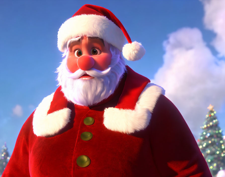 Iconic Santa Claus in red suit with cherry nose and white beard standing by Christmas tree.