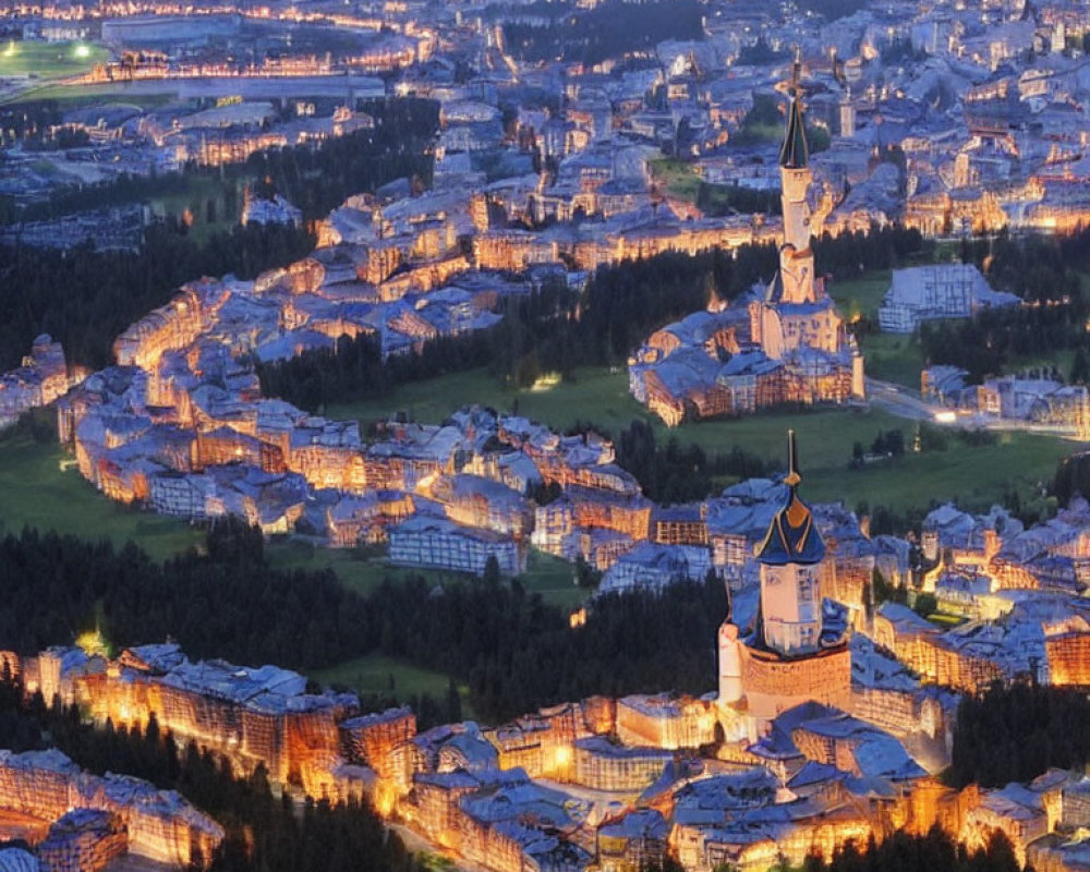 Cityscape at Dusk: Aerial View with Church Spire and Illuminated Buildings