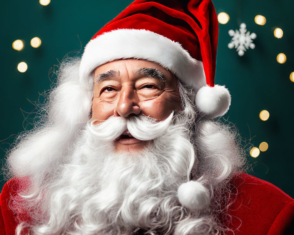 Man in Santa Claus costume with white beard and red attire in front of twinkling lights