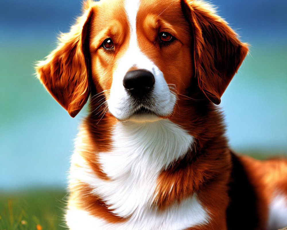 Brown and White Dog with Floppy Ears and Expressive Eyes in Green Background