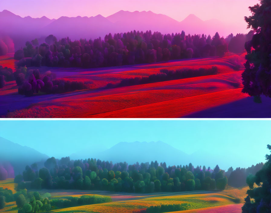 Contrasting Color Palettes in Surreal Landscape