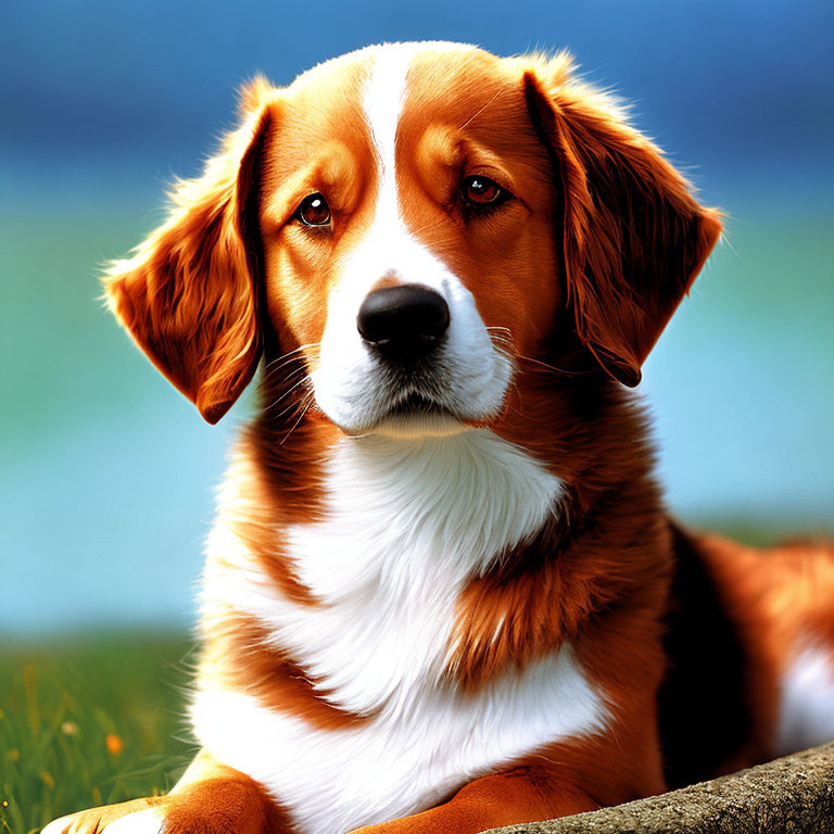 Brown and White Dog with Floppy Ears and Expressive Eyes in Green Background