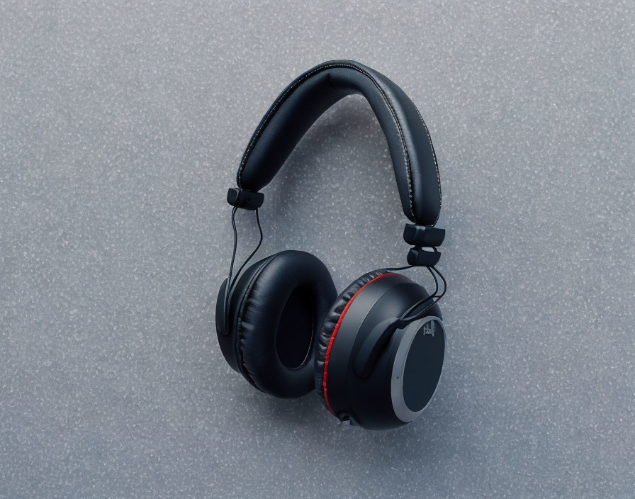 Black Over-Ear Headphones with Red Stitching on Textured Grey Background