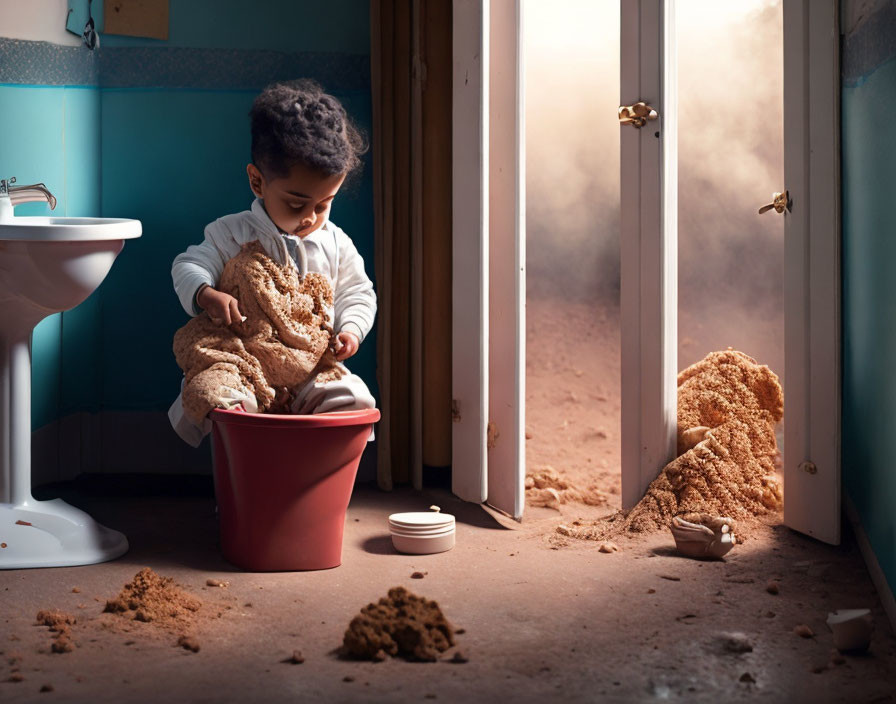 Child playing with overflowing sand bucket in bathroom