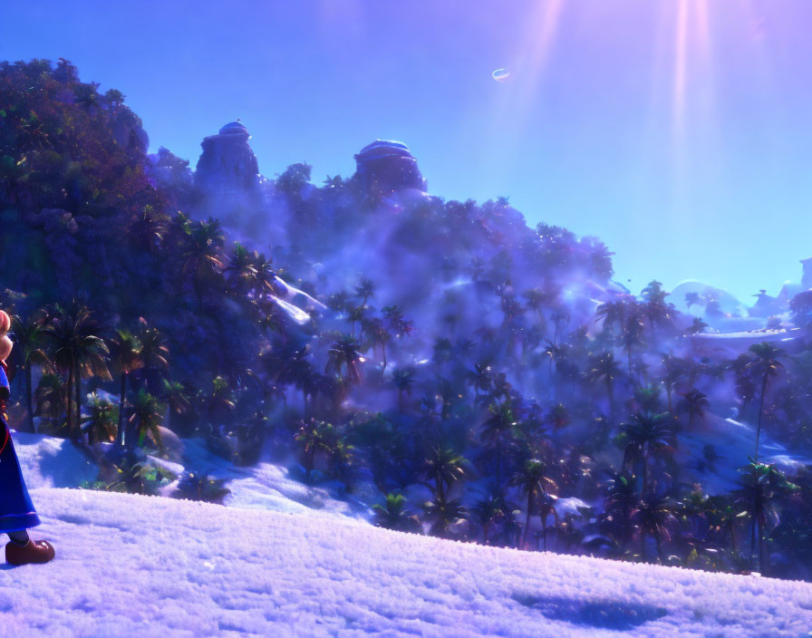 Fantasy landscape with lush greenery, mist, palm trees, snow, planet, and sunbe