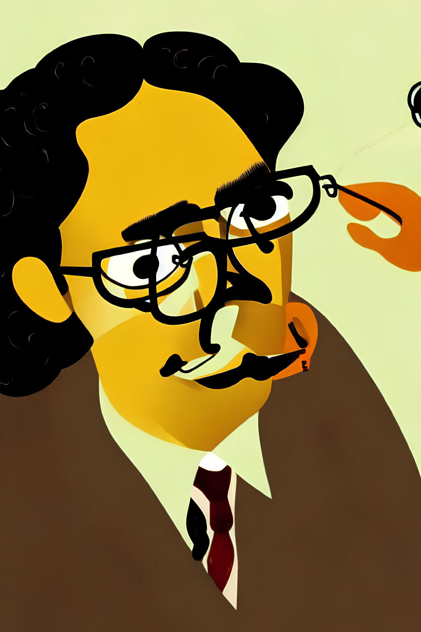 Man with Curly Hair, Glasses, Tie, and Pipe on Tan Background