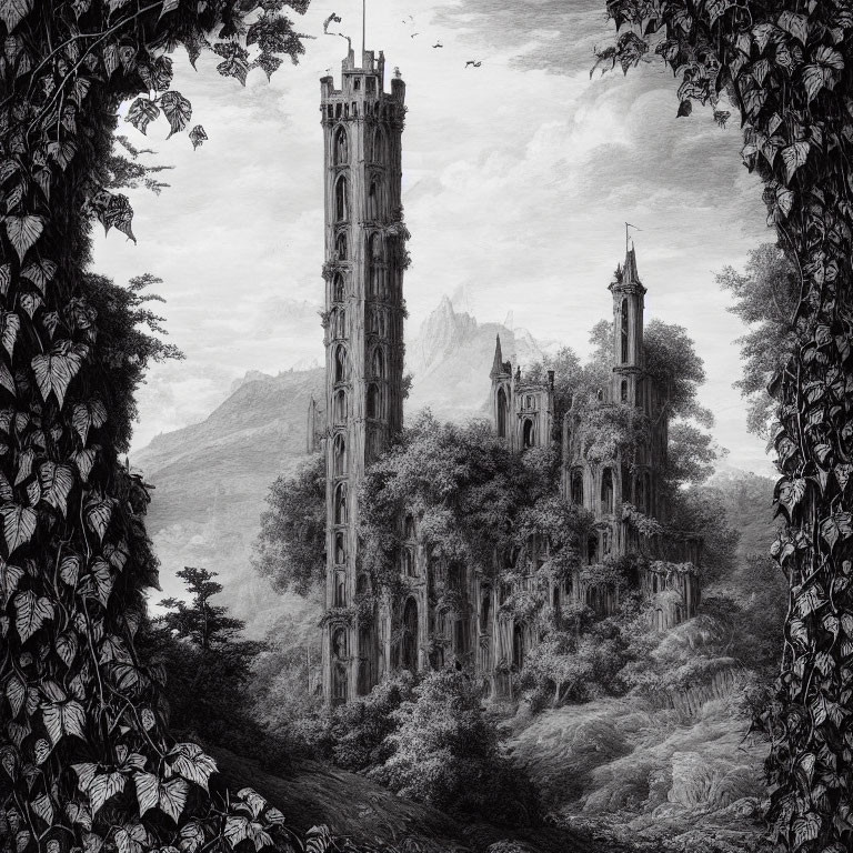 Monochrome gothic tower with ivy, arched windows, and rugged landscape