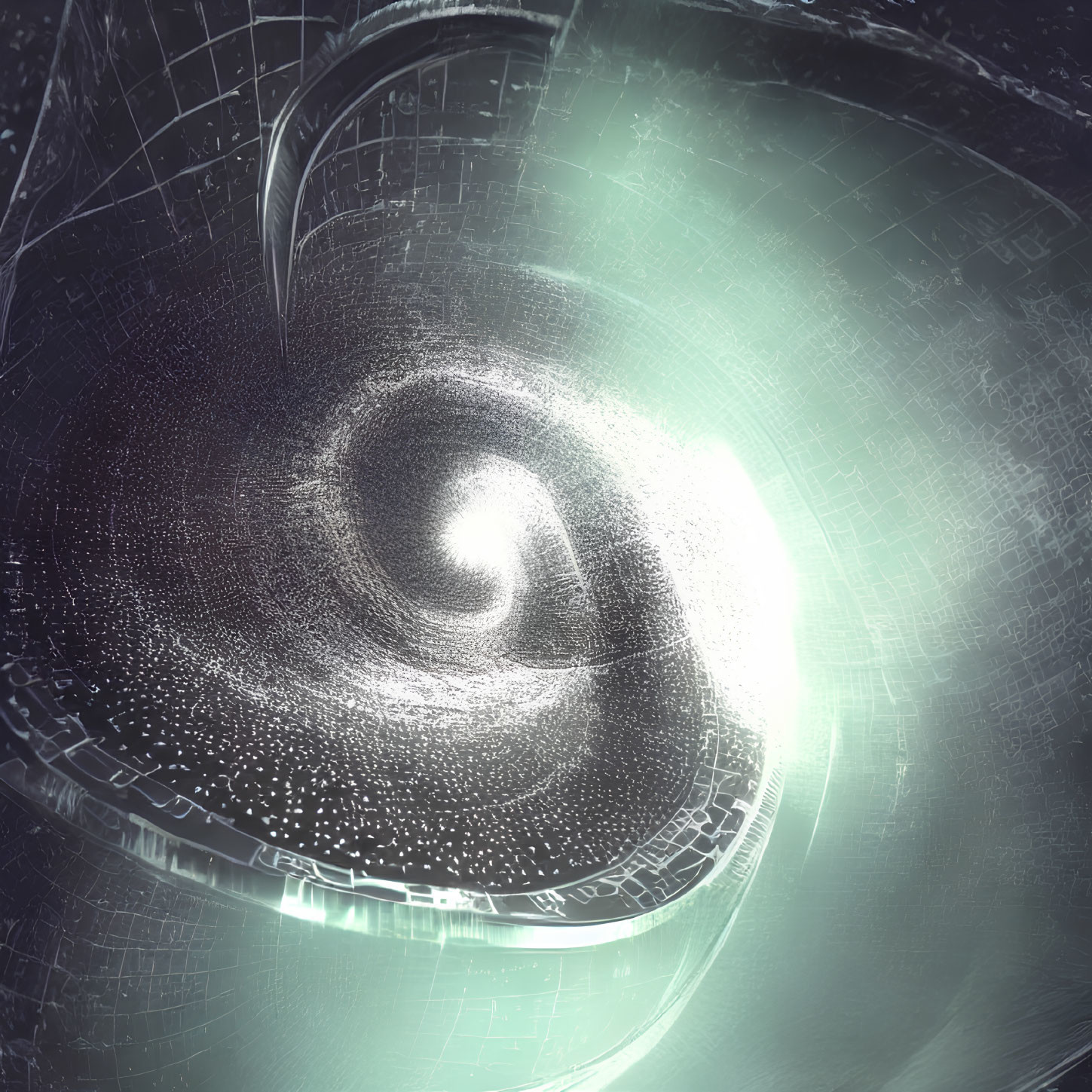 Abstract digital art: tunnel vortex with glowing center, textured walls, cool tones