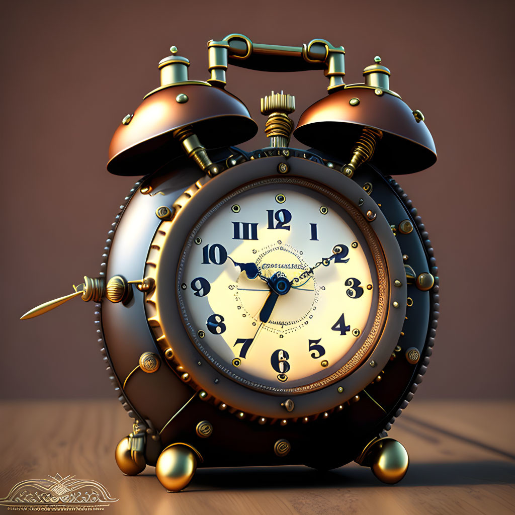 Vintage-Style Alarm Clock with Metallic Embellishments and Roman Numerals on Wooden Background