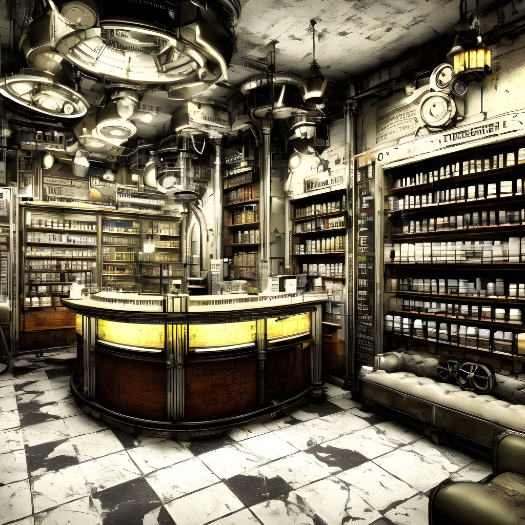 Vintage Pharmacy Interior with Wooden Shelves, Central Counter, and Lighting Fixtures