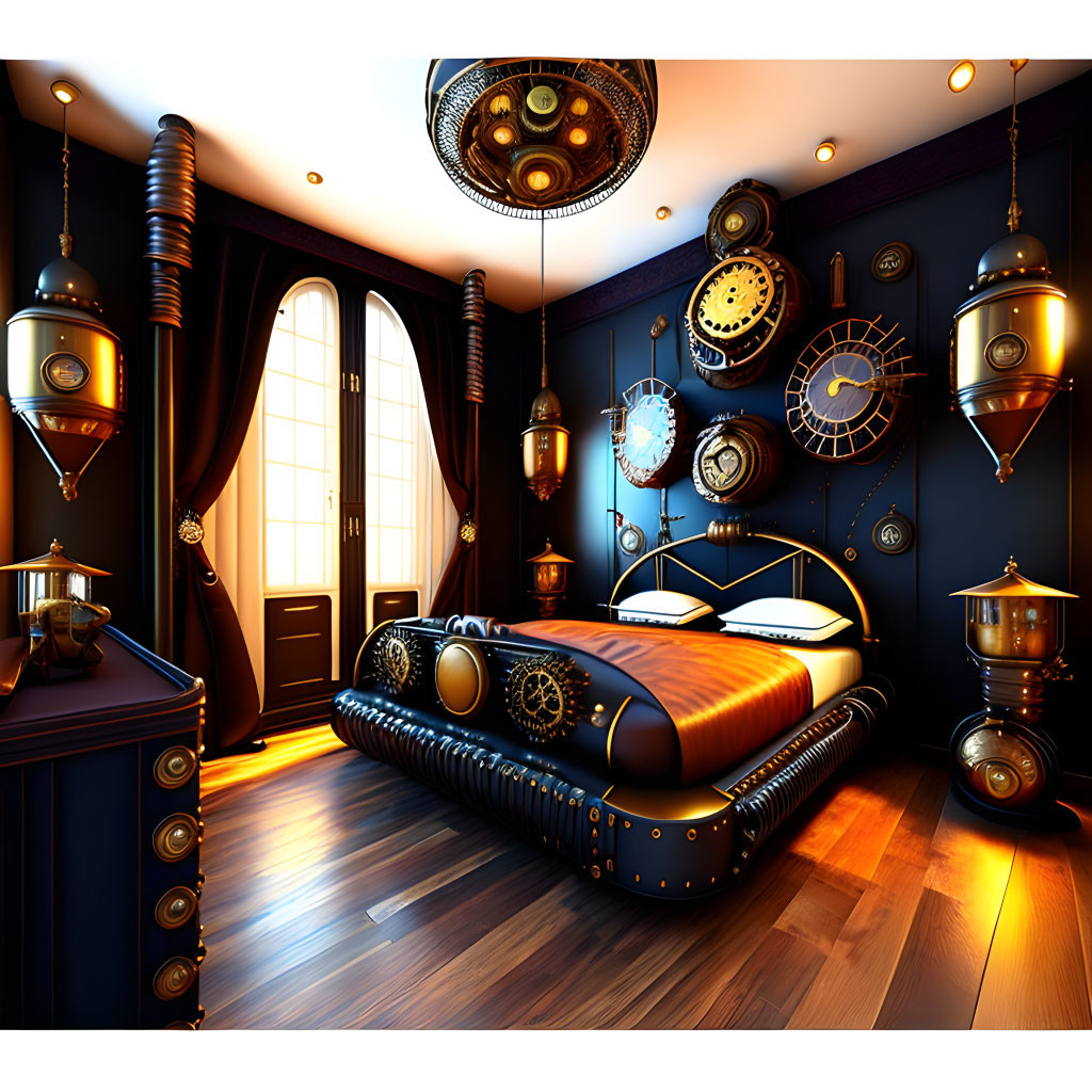 Steampunk-themed Bedroom with Brass Accents & Cogwheel Decorations