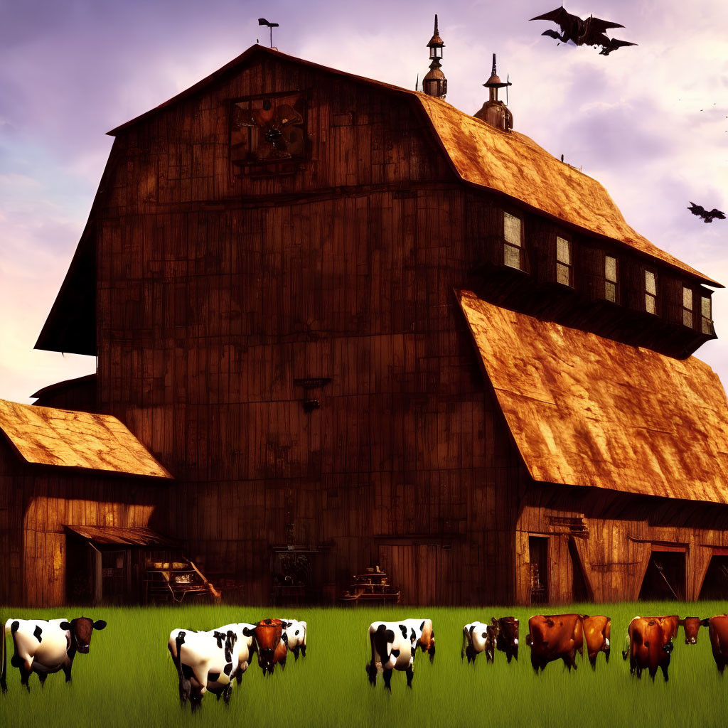 Rustic wooden barn with cows and birds under orange sky