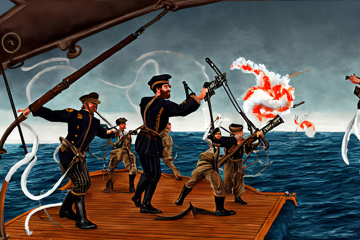 Naval officers and sailors firing guns at sea with gunsmoke against stormy sky