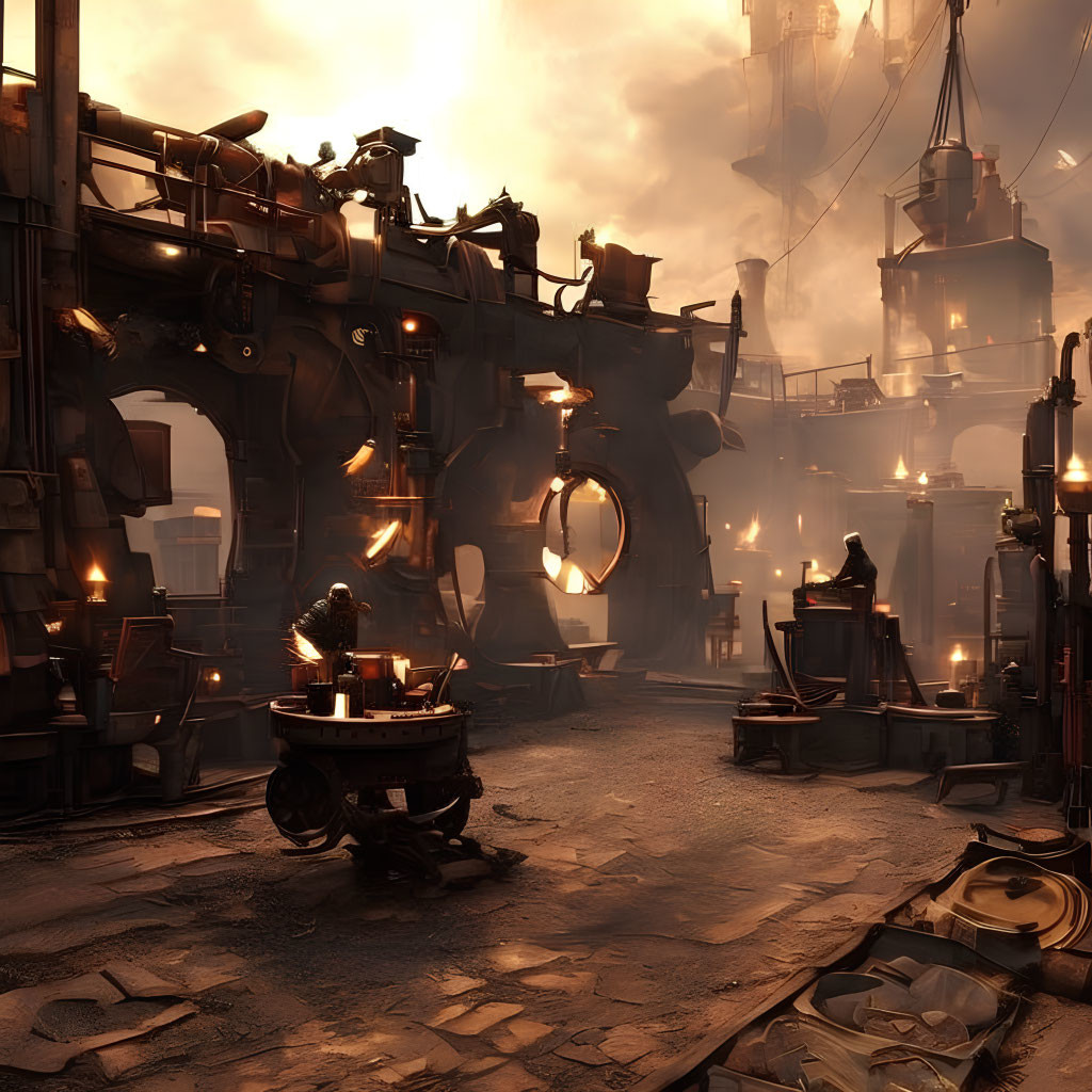 Dimly Lit Steampunk Workshop with Machinery and Fog