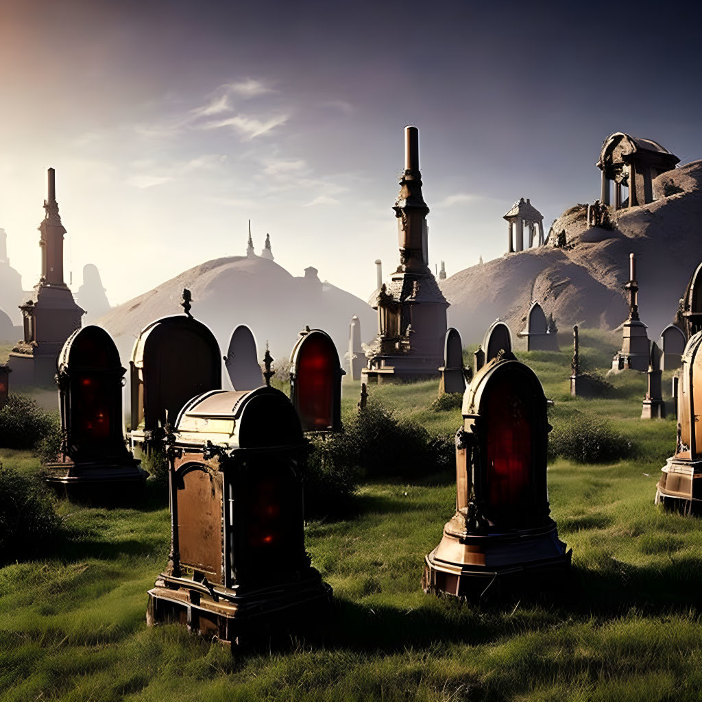 Sunset view of serene cemetery with ornate tombstones and mausoleums, lush green grass