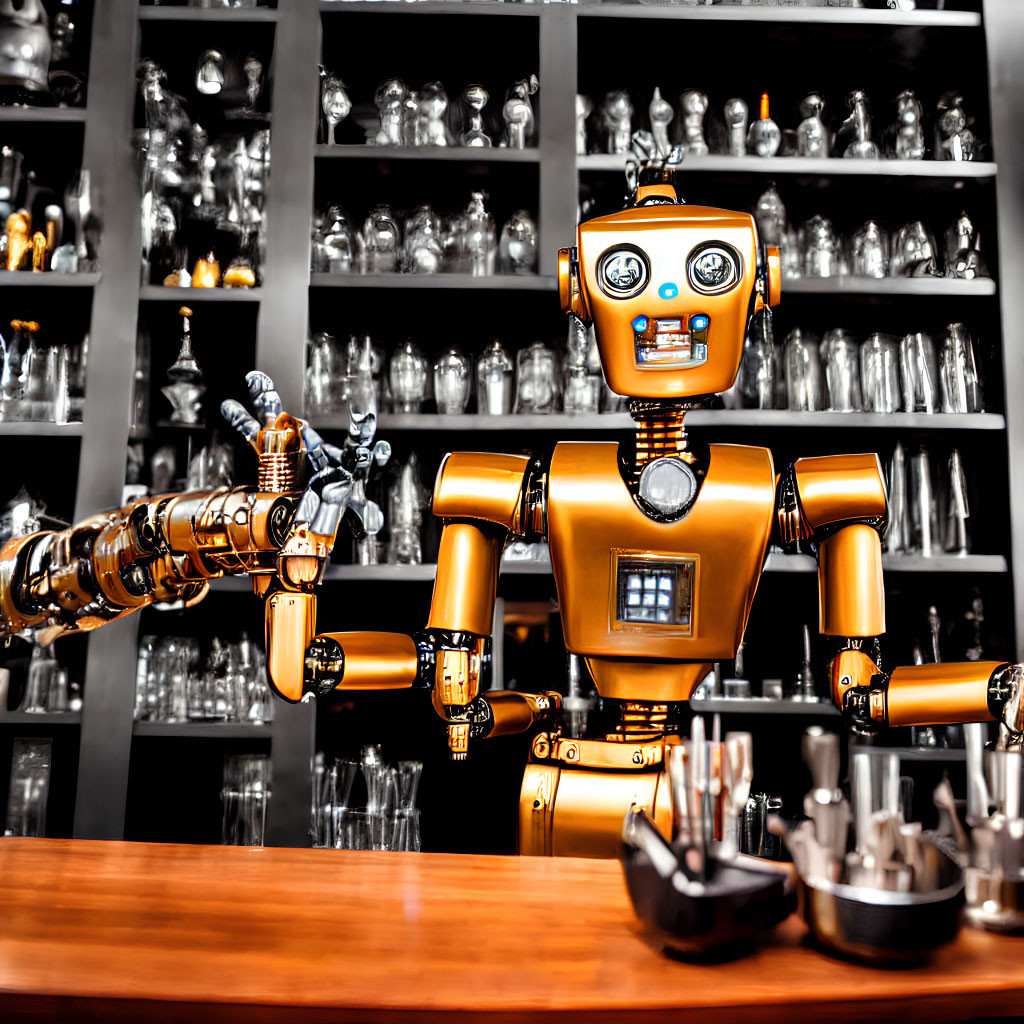 Friendly-faced robot bartender with articulated arms behind a bar with glass shelves