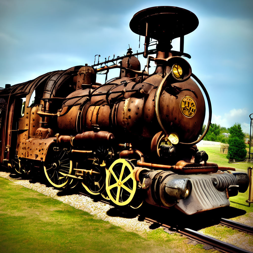 Vintage Steam Locomotive with Brown Patina and Yellow Wheels on Tracks