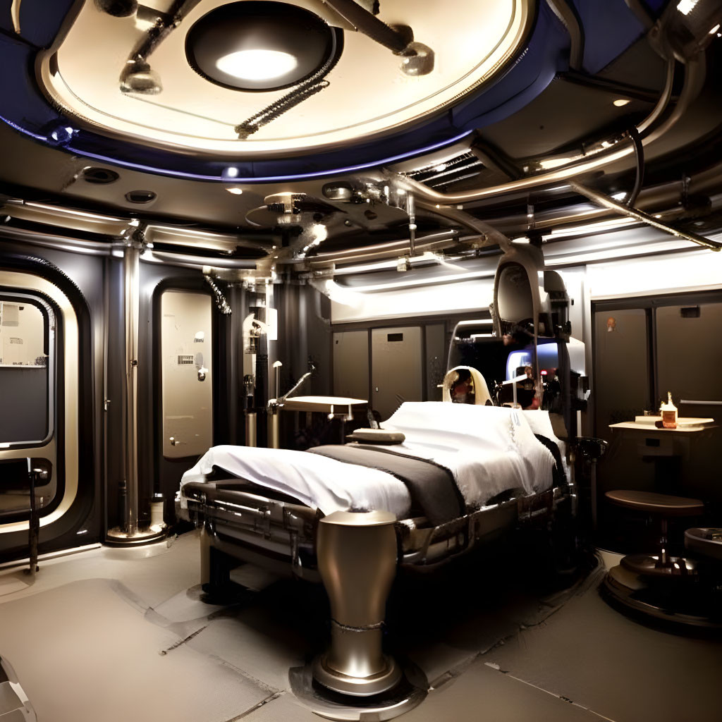 Dark futuristic bedroom with circular ceiling window and unique headboard design