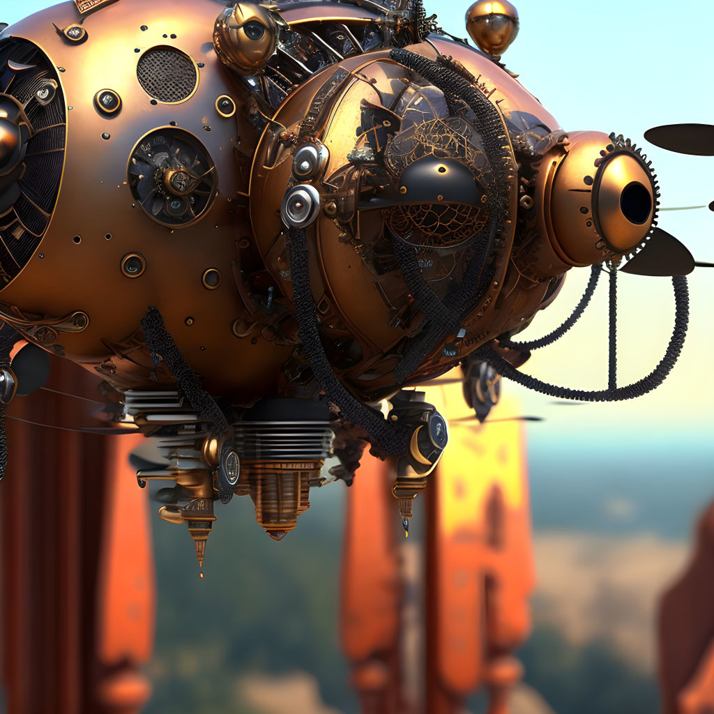 Steampunk-inspired spherical airship with intricate gears above rocky landscape