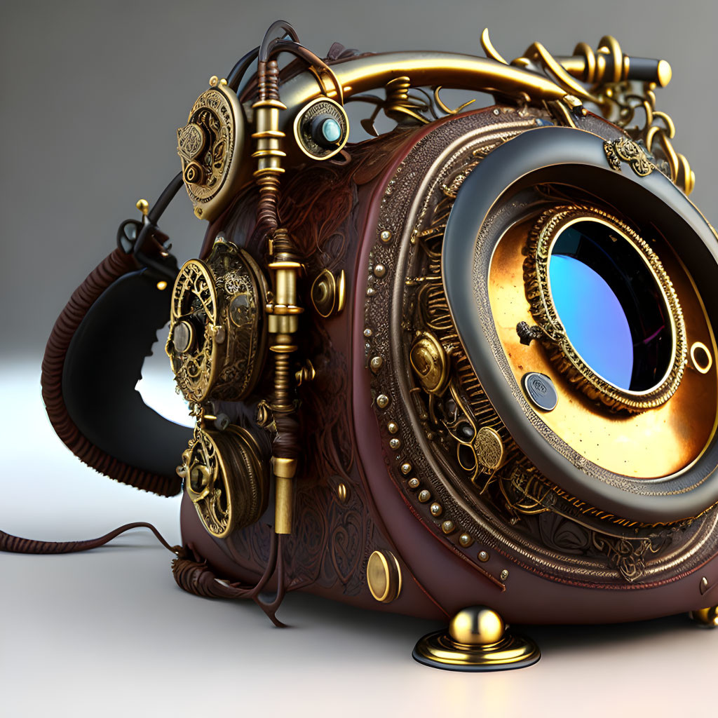 Steampunk-inspired camera with intricate gears and brass finishes