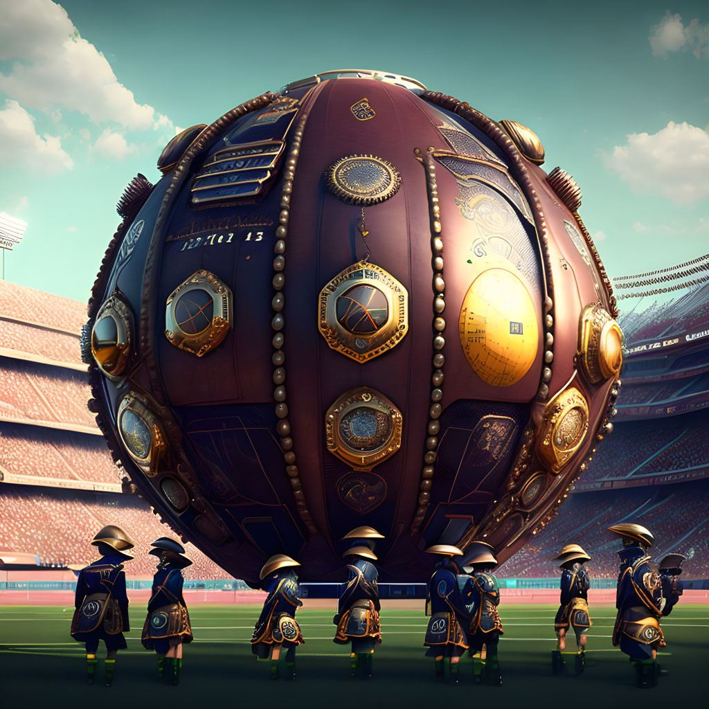 Ornate mechanical egg guarded by toy soldier figures in stadium