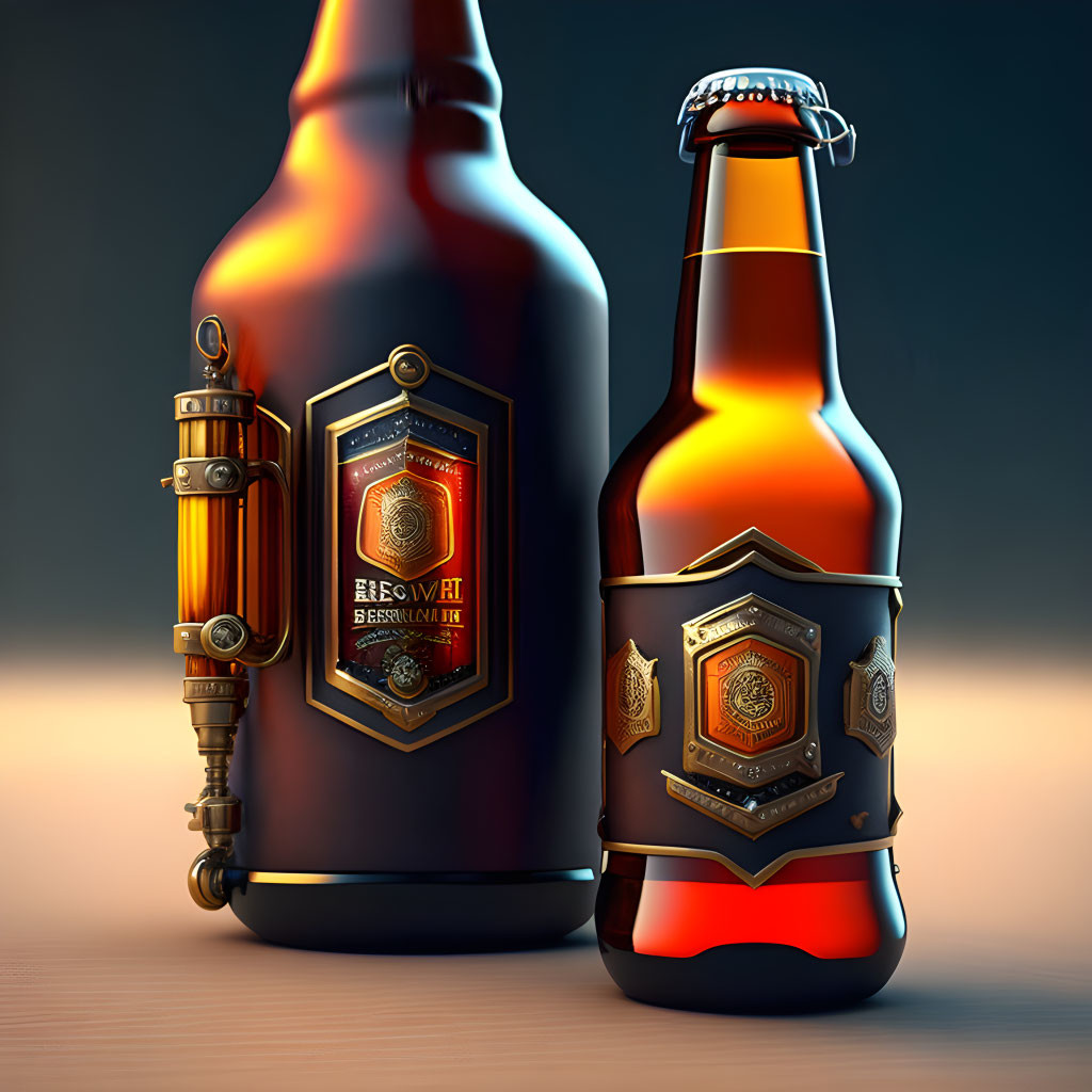 Intricately designed steampunk beer bottles with metal embellishments and ornate labels on gradient