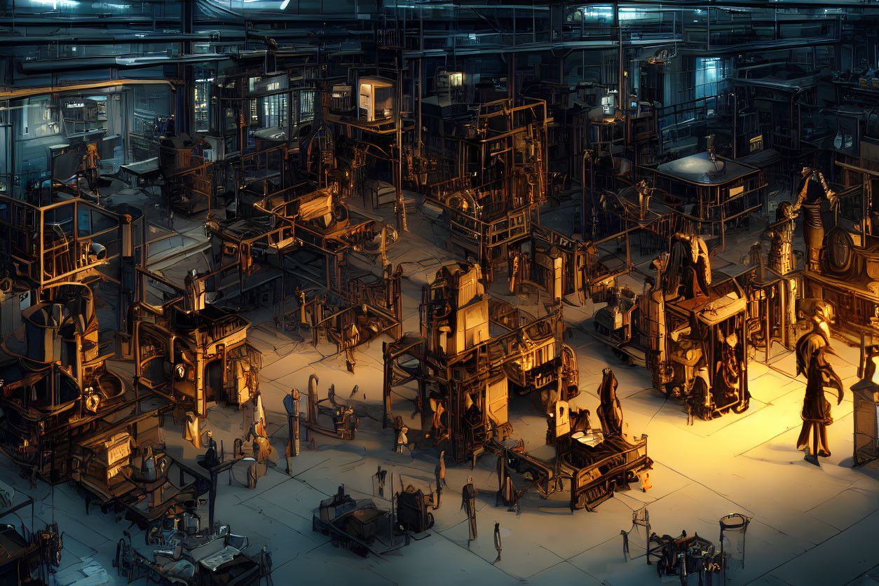 Industrial factory floor with workers and machines under warm lighting